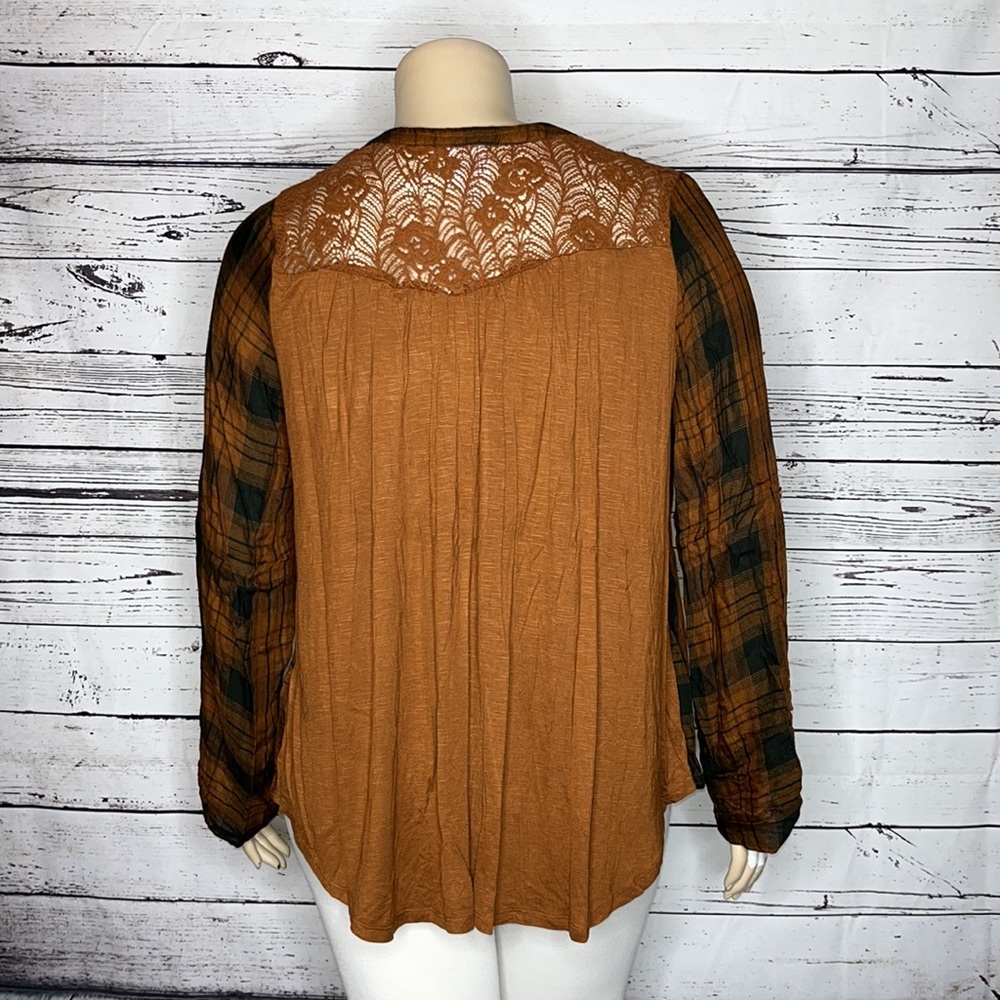Knox Rose Size XXL Brown & Black Plaid - Brown Floral Lace Button Down Shirt Top